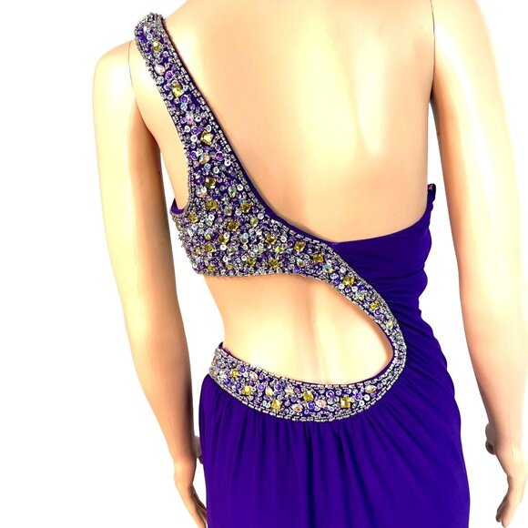 Evenings by Allure One-Shoulder Purple Evening Gown w/ Beaded  Side Back Cutout - Picture 4 of 12